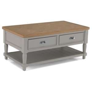 Sunburst Wooden Coffee Table In Grey And Solid Oak With 2 Drawer - UK