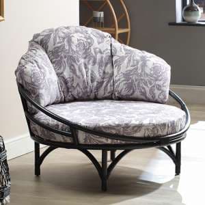 Surgut Rattan Snug Chair In Black With Floral Lilac Cushion - UK