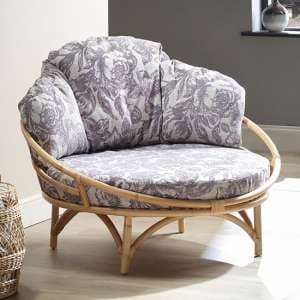 Surgut Rattan Snug Chair In Natural With Floral Lilac Cushion - UK