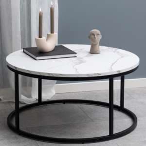 Suva Wooden Coffee Table Round In White Marble Effect - UK