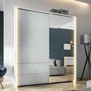 Tacoma Mirrored Wardrobe Large 2 Sliding Doors In White With LED - UK