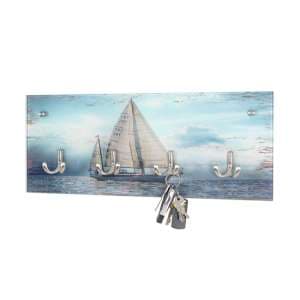 Tahoe Glass Wall Hung 4 Hooks Coat Rack In Sailing Boat Print