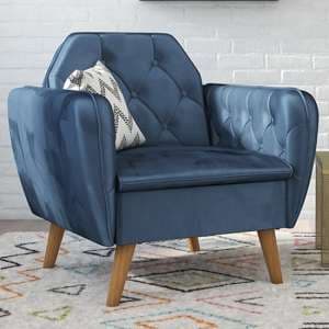 Taluka Memory Foam Velvet Armchair With Wooden Legs In Blue - UK