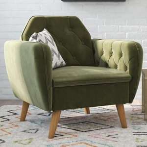 Taluka Memory Foam Velvet Armchair With Wooden Legs In Green - UK