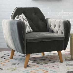 Taluka Memory Foam Velvet Armchair With Wooden Legs In Grey - UK