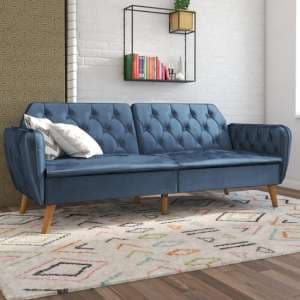 Taluka Memory Foam Velvet Sofa Bed With Wooden Legs In Blue - UK