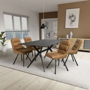 Tarsus 1.6m Black Dining Table With 4 Addis Tan Chairs - UK