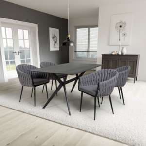 Tarsus 1.6m Black Dining Table With 4 Pearl Grey Chairs - UK