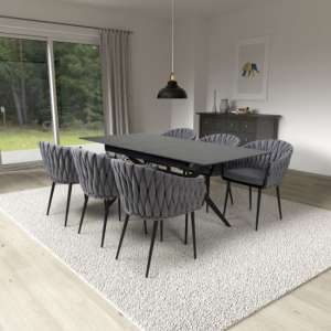 Tarsus Extending Black Dining Table With 6 Pearl Grey Chairs - UK