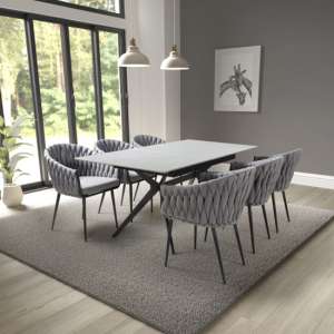 Tarsus Extending Grey Dining Table With 6 Pearl Grey Chairs - UK