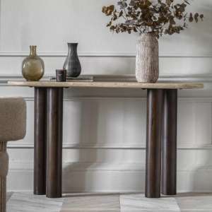 Tartu Marble Console Table In Travertine With Dark Wood Base - UK
