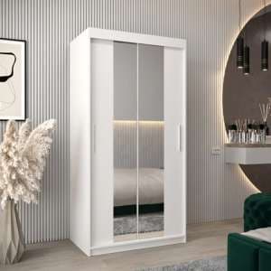 Tavira I Mirrored Wardrobe 2 Sliding Doors 100cm In White