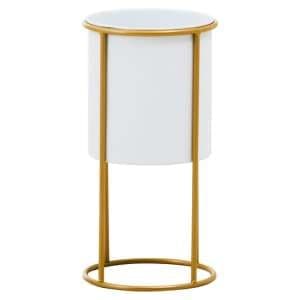 Tavira Small Metal Floor Standing Planter In White And Gold