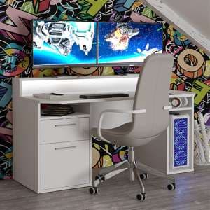 Tavira Wooden Gaming Desk In White With Blue LED
