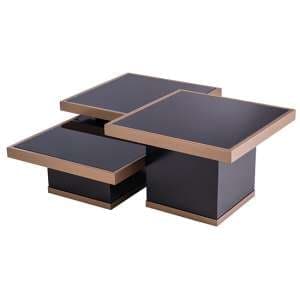 Tavor Set Of 3 Black Glass Coffee Table In Brushed Brass - UK