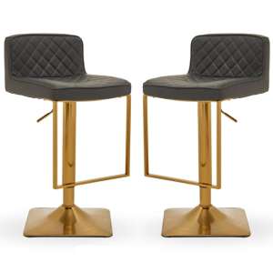 Baino Grey Leather Bar Chairs With Gold Footrest In A Pair - UK
