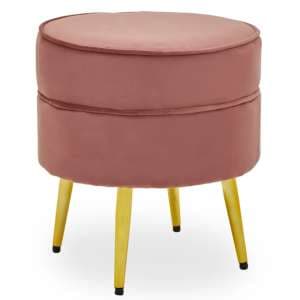 Teos Round Velvet Foot Stool In Dusty Pink With Gold Legs - UK