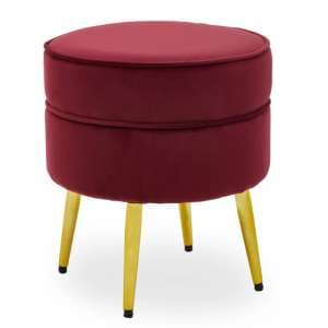 Teos Round Velvet Foot Stool In Wine With Gold Legs - UK