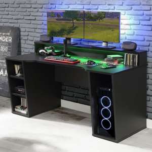 Terni Wooden Gaming Desk With 2 Shelves In Black And LED - UK