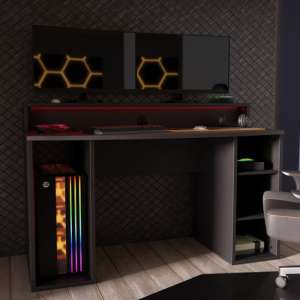 Terni Wooden Gaming Desk 2 Shelves In Matt Black With Blue LED - UK