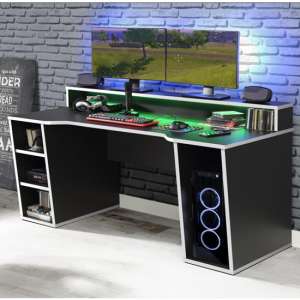 Terni Wooden Gaming Desk In Black With White Trim And LED - UK