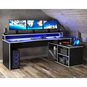 Terni Wooden Gaming Desk Corner In Black With White Trim And LED - UK