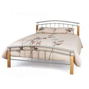 Tertas Metal King Size Bed In Silver With Beech Posts