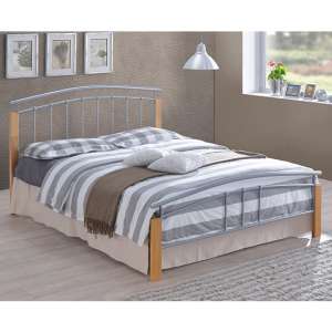 Tetron Metal Double Bed In Silver With Beech Wooden Posts