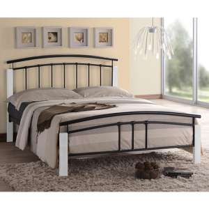 Tetron Metal King Size Bed In Black With White Wooden Posts - UK