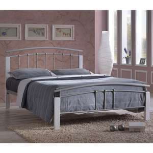 Tetron Metal King Size Bed In Silver With White Wooden Posts - UK
