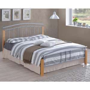 Tetron Metal Single Bed In Silver With Beech Wooden Posts - UK