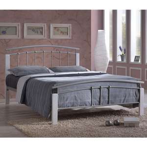 Tetron Metal Small Double Bed In Silver With White Wooden Posts