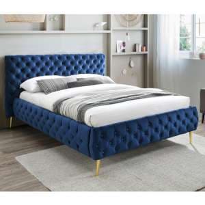 Tiffar Velvet Upholstered Double Bed In Blue - UK