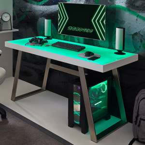 Tiflis Glass Top Gaming Desk In Matt White With LED Lights