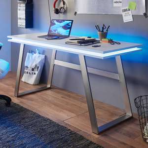 Tiflis Wooden Computer Desk In Matt White With LED Lighting