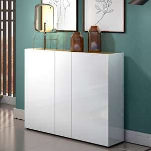 Tivoli Gloss Shoe Cabinet Wide 3 Doors In White Artisan Oak Top - UK