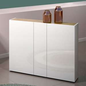Tivoli Gloss Shoe Cabinet Wide 3 Doors In White Artisan Oak Top - UK