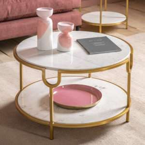 Tombstone White Marble Coffee Table With Gold Metal Frame - UK