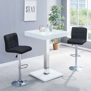 Topaz White High Gloss Bar Table With 2 Coco Black Stools - UK