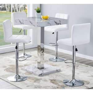 Topaz Diva Marble Effect Gloss Bar Table 4 Coco White Stools