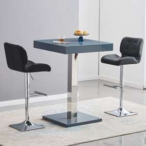 Topaz Glass Grey Gloss Bar Table With 2 Candid Black Stools - UK