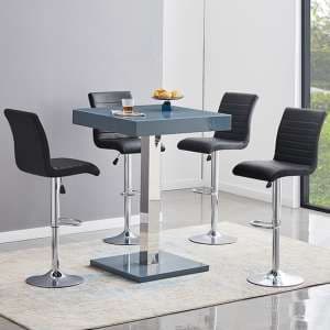 Topaz Glass Grey Gloss Bar Table With 4 Ripple Black Stools - UK