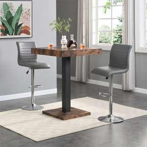 Topaz Smoked Oak Wooden Bar Table With 2 Ripple Grey Stools