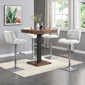 Topaz Smoked Oak Wooden Bar Table With 4 Candid White Stools