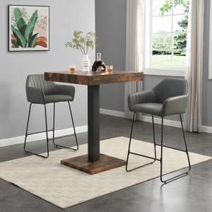 Topaz Rustic Oak Wooden Bar Table With 2 Brooks Grey Stools - UK