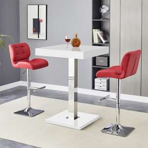 Topaz White High Gloss Bar Table With 2 Candid Bordeaux Stools - UK