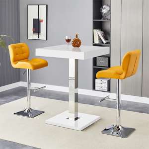 Topaz White High Gloss Bar Table With 2 Candid Curry Stools - UK