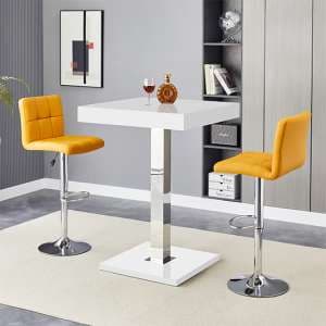 Topaz White High Gloss Bar Table With 2 Coco Curry Stools - UK