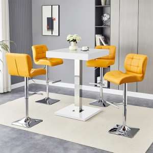 Topaz White High Gloss Bar Table With 4 Candid Curry Stools - UK