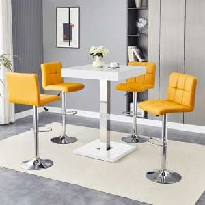 Topaz White High Gloss Bar Table With 4 Coco Curry Stools - UK
